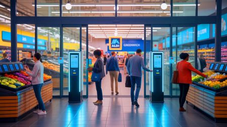 Illustration de l'expérience d'Aldi avec un modèle de supermarché automatisé à Greenwich, conditionné par une avance financière (création par IA, illustration non réaliste). Crédit : Ideogram.