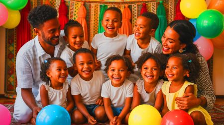 « Neuf bébés, un seul accouchement » : les nonuplés maliens nés au Maroc fêtent 4 ans et un record mondial unique Illustration de la célébration du quatrième anniversaire des nonuplés maliens nés au Maroc (création par IA, non réaliste). Crédit : Ideogram
