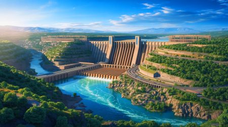 Illustration du Grand Barrage de la Renaissance Éthiopienne et de ses implications géopolitiques (création par IA, non réaliste). Crédit : Ideogram