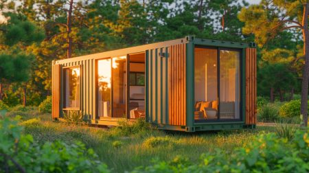 Illustration de la maison container compacte "The Nook" avec ses aménagements intérieurs (création par IA, non réaliste). Crédit : Ideogram