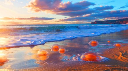 Illustration de la prolifération des méduses sur les plages espagnoles. Image réalisée par IA.
