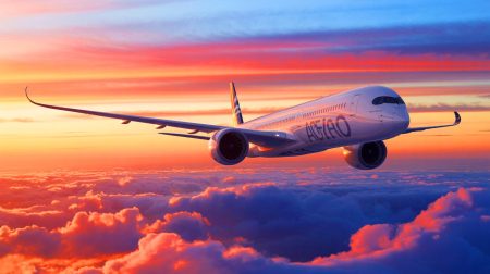 Illustration de l'Airbus A350-1000 volant sur une longue distance sans escale. Image réalisée par IA.