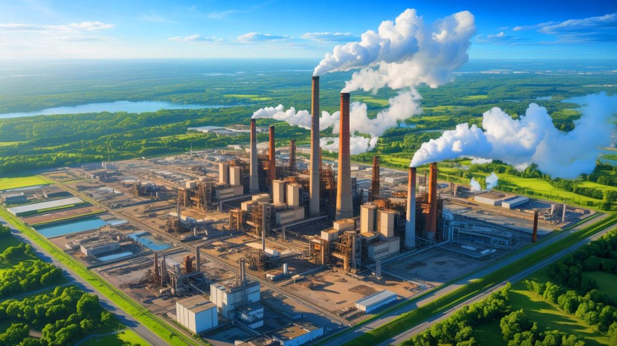 Illustration de l'impact des grandes entreprises sur les émissions mondiales de gaz à effet de serre. Image réalisée par IA.