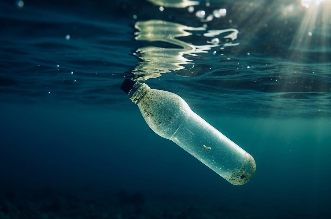 Bouteille en plastique flottant à la surface de la mer, illustrant la pollution marine par les déchets