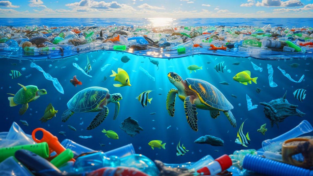 Ces scientifiques choquent en affirmant que laisser ce plastique dans l’océan pourrait sauver notre planète : découvrez pourquoi cette idée divise tant Illustration de la pollution plastique dans les océans et son impact sur la biodiversité marine. Image réalisée par IA.