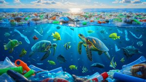 Illustration de la pollution plastique dans les océans et son impact sur la biodiversité marine. Image réalisée par IA.
