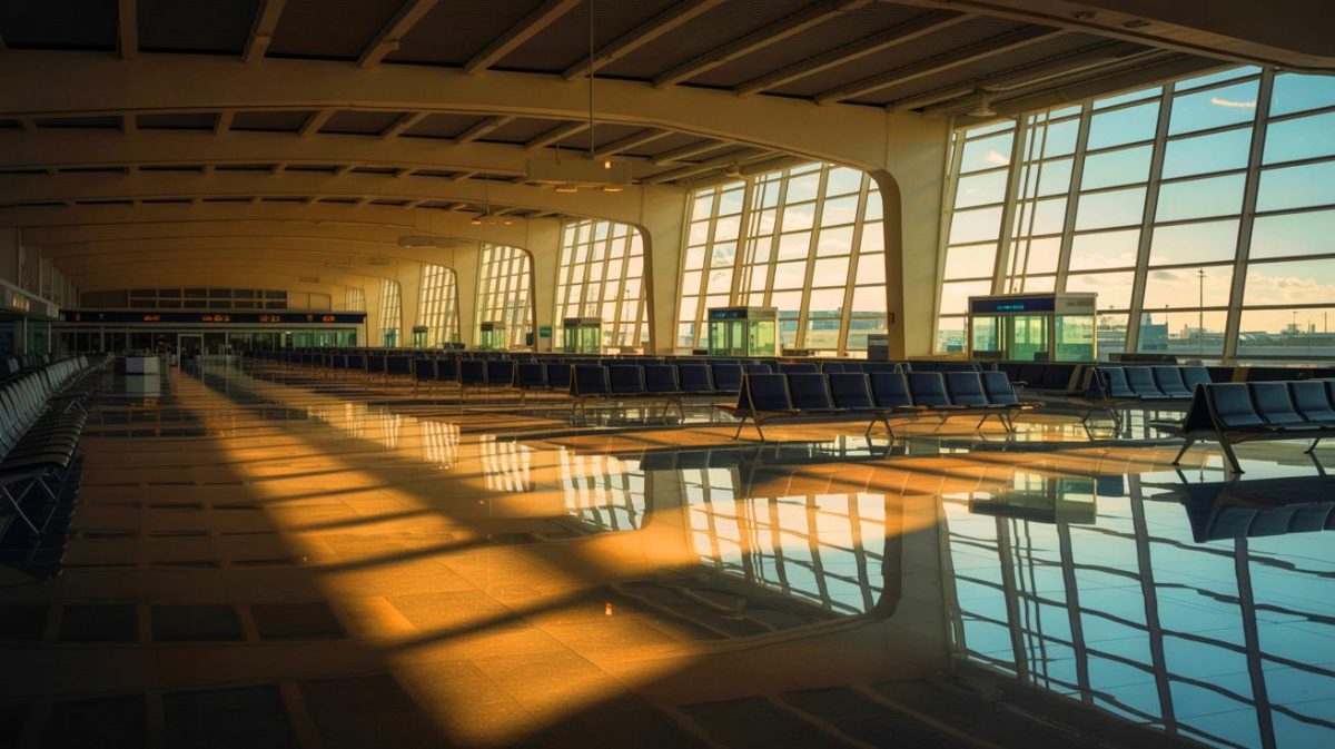 Illustration de l'aéroport autrefois fréquenté, maintenant déserté et transformé en ville fantôme. Image réalisée par IA.