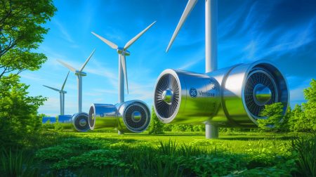 Illustration de la performance des turbines à gaz de GE Vernova dans la production d'énergie renouvelable. Image réalisée par IA.