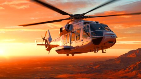 Illustration de l'Airbus Helicopters H225M survolant la Base Aérienne 188 de Djibouti. Image réalisée par IA.
