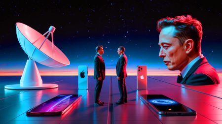 « Musk donne 72 heures à Apple » : Tim Cook refuse son offre à 5 milliards… et le regrette amèrement Illustration de la concurrence technologique entre Elon Musk et Apple pour la connectivité par satellite. Image réalisée par IA.