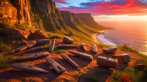 Illustration de la découverte d'outils en pierre sur une falaise sud-africaine datant de 20 000 ans. Image réalisée par IA.