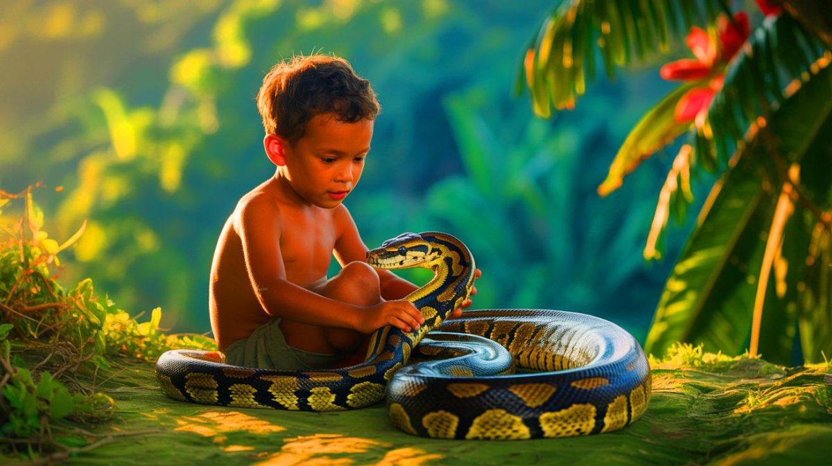Illustration de Sambath et du python Chomran partageant un moment de complicité. Image réalisée par IA.