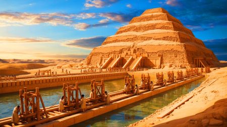 Illustration de la pyramide à degrés de Djoser construite avec un système hydraulique sophistiqué. Image réalisée par IA.