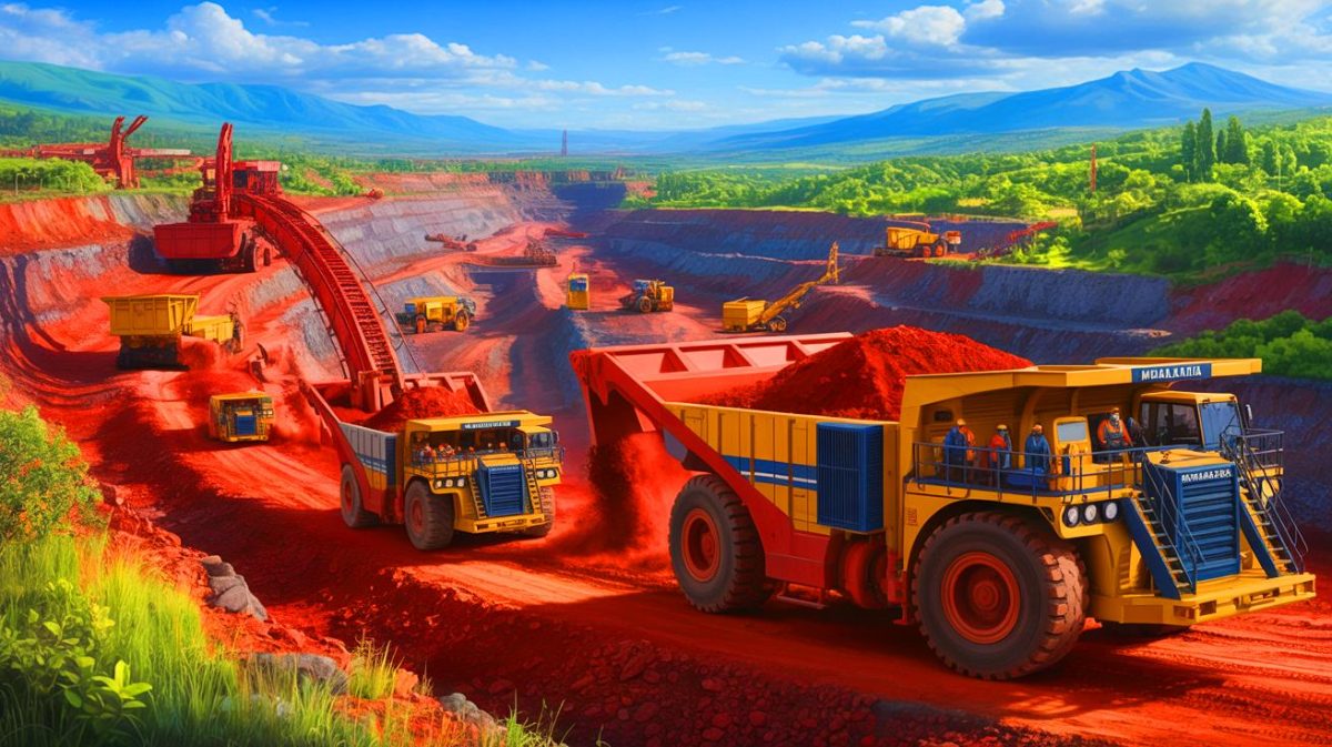 Illustration de l'exploitation du gisement de fer de Mbalam-Nabeba et de ses infrastructures logistiques. Image réalisée par IA.