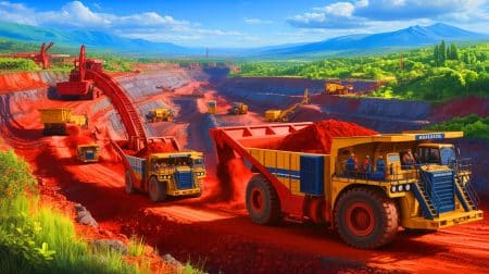 Illustration de l'exploitation du gisement de fer de Mbalam-Nabeba et de ses infrastructures logistiques. Image réalisée par IA.