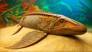 Illustration de la découverte d'un fossile de Plesiopterys wildi avec peau et écailles préservées. Image réalisée par IA.