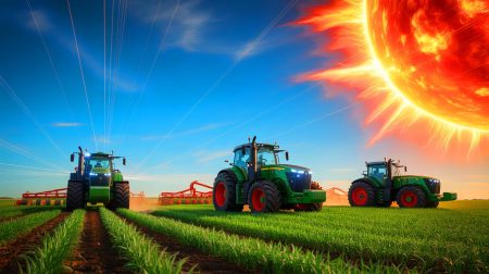 Illustration de tracteurs intelligents perturbés par des tempêtes solaires. Image réalisée par IA.