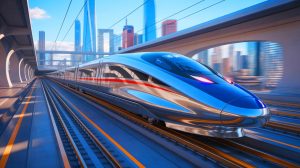 Illustration de la vitesse impressionnante du T-Flight, train à lévitation magnétique en Chine. Image réalisée par IA.
