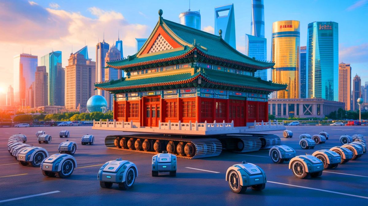 Illustration de robots déplaçant le complexe Huayanli à Shanghai. Image réalisée par IA.