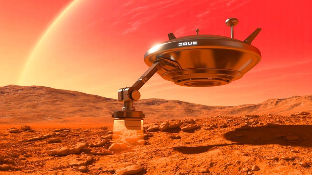 « C’est un bras robotisé pour fouiller Mars » : la Chine prépare un drone spatial capable de collecter des échantillons en toute sécurité Illustration de la mission Tianwen-3 avec un drone récupérant des échantillons martiens. Image réalisée par IA.