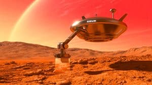 Illustration de la mission Tianwen-3 avec un drone récupérant des échantillons martiens. Image réalisée par IA.