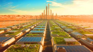 Illustration de The Line, le projet urbain ambitieux de l'Arabie Saoudite en quête de financement. Image réalisée par IA.
