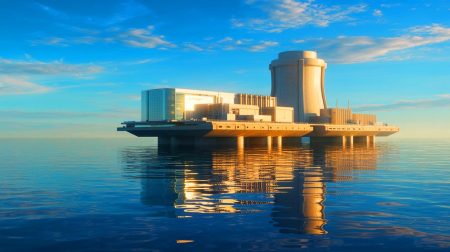 La course folle des États-Unis : des centrales nucléaires flottantes pour recouvrir les océans et s’emparer du pouvoir énergétique mondial Illustration de centrales nucléaires flottantes sur les océans dans le cadre du programme Liberty. Image réalisée par IA.
