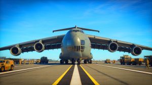 Illustration de l'avion Lockheed C-5M Super Galaxy en plein vol. Image réalisée par IA.
