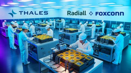 Illustration de l'unité d'assemblage de semi-conducteurs proposée en France par Thales, Radiall et FoxConn. Image réalisée par IA.