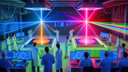 Illustration de la comparaison entre le laser américain de 1 pétawatt et le laser français Apollon de 10 pétawatts. Image réalisée par IA.