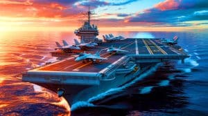 Illustration du futur porte-avion français de 300 mètres, symbole de puissance navale et de technologie avancée. Image réalisée par IA.