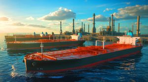 Illustration de la raffinerie Dangote et d'un pétrolier en mer. Image réalisée par IA.