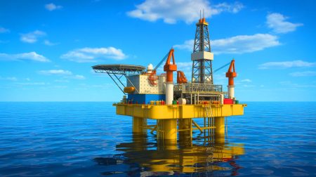Illustration de la relance de la plateforme pétrolière BW Adolo au Gabon. Image réalisée par IA.