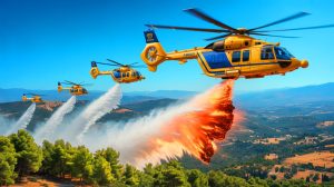 Illustration de la commande par la Grèce de huit hélicoptères H215 pour renforcer la lutte contre les incendies. Image réalisée par IA.