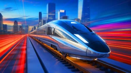 Illustration du T-Flight, train à lévitation magnétique atteignant 965 km/h. Image réalisée par IA.