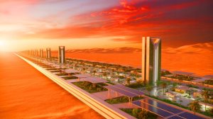 Illustration de The Line, ville futuriste en Arabie saoudite et ses défis de construction. Image réalisée par IA.