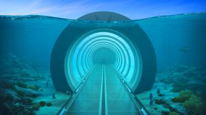 Illustration de la connexion sous-marine projetée entre l'Espagne et le Maroc par un tunnel ferroviaire. Image réalisée par IA.