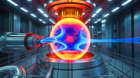 Illustration de la libération d'ions d'hélium-3 par le stellarator Wendelstein 7-X, marquant une avancée en fusion nucléaire. Image réalisée par IA.