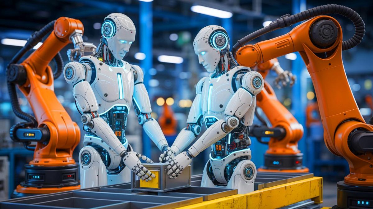Illustration de robots surhumains transformant les industries lourdes. Image réalisée par IA.