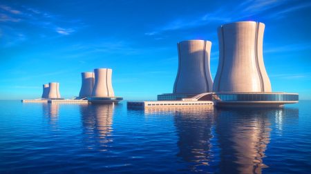 Illustration de centrales nucléaires flottantes sur les océans dans le cadre du programme Liberty. Image réalisée par IA.