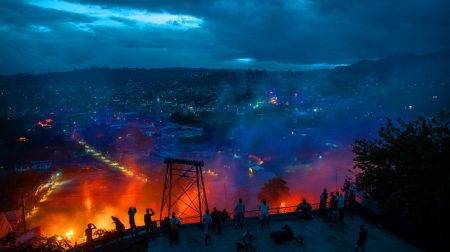 Illustration de Port-au-Prince plongée dans l'obscurité suite à l'arrêt d'une centrale hydroélectrique. Image réalisée par IA.