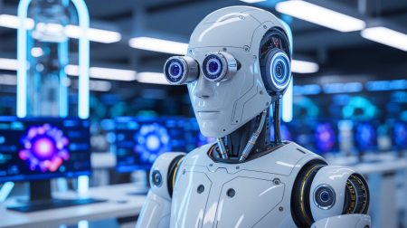 « Des yeux presque humains » : Samsung se lance dans la fabrication de capteurs visuels pour robots humanoïdes Illustration de robots humanoïdes équipés de technologies de vision avancée. Image réalisée par IA.
