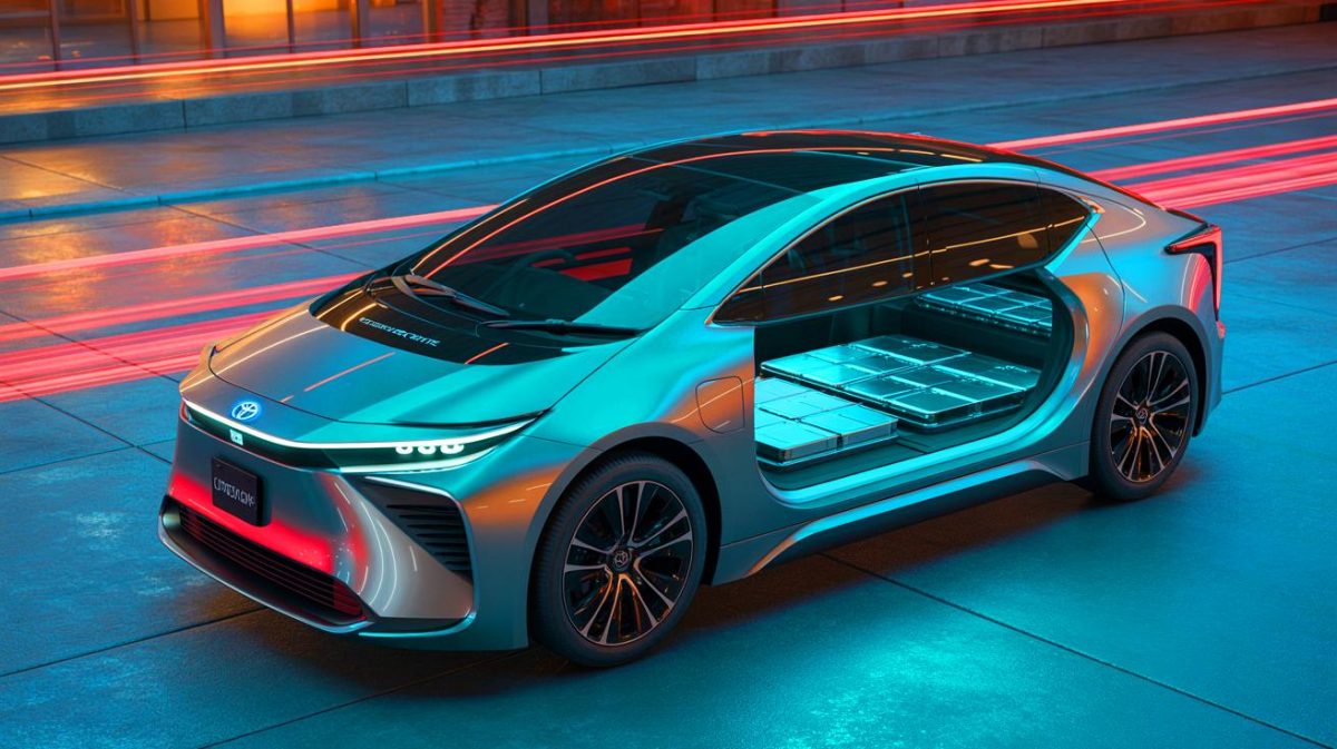 Illustration de l'innovation de Toyota avec des batteries à l'état solide promettant une autonomie de 1000 km. Image réalisée par IA.