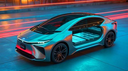 Illustration de l'innovation de Toyota avec des batteries à l'état solide promettant une autonomie de 1000 km. Image réalisée par IA.