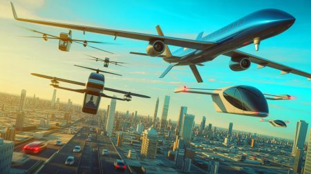 Illustration de l'accélération des technologies aériennes par les États-Unis, incluant drones et taxis volants. Image réalisée par IA.