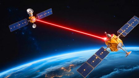 Illustration de la connexion laser entre un nano-satellite et une station terrestre. Image réalisée par IA.