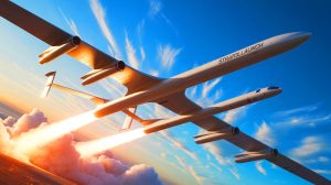 Illustration de l'avion-fusée hypersonique Talon-A2 lancé par le Stratolaunch Roc. Image réalisée par IA.