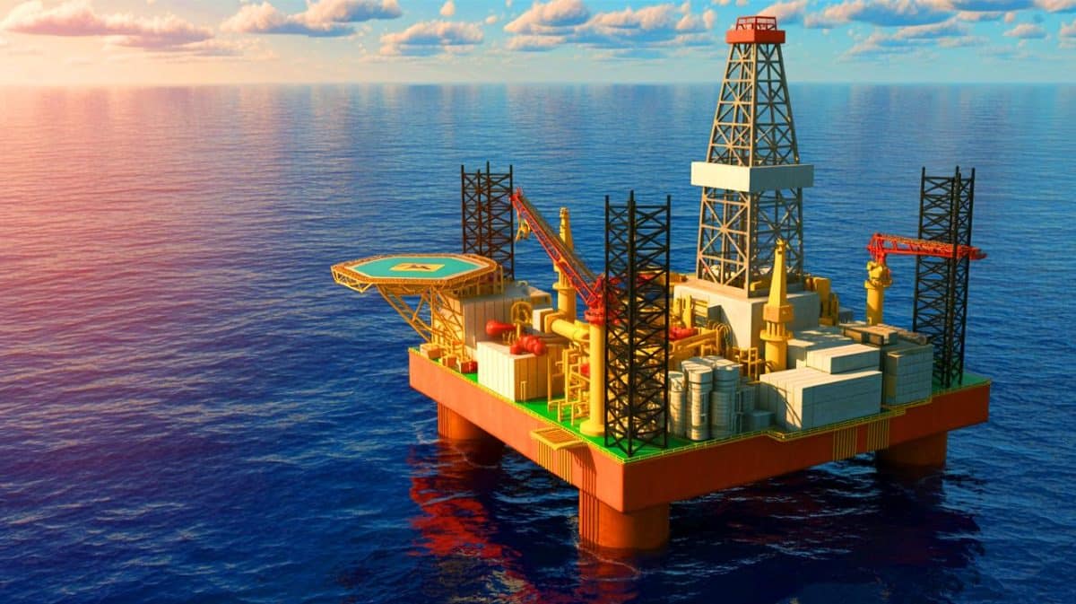 Illustration de l'exploitation du gisement pétrolier de Sangomar au Sénégal. Image réalisée par IA.