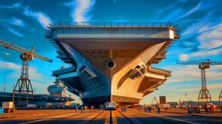 Illustration de la construction du plus grand porte-avion d'Europe. Image réalisée par IA.