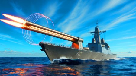 Illustration de la réussite du test de tir de railgun par le Japon depuis un navire en mer. Image réalisée par IA.